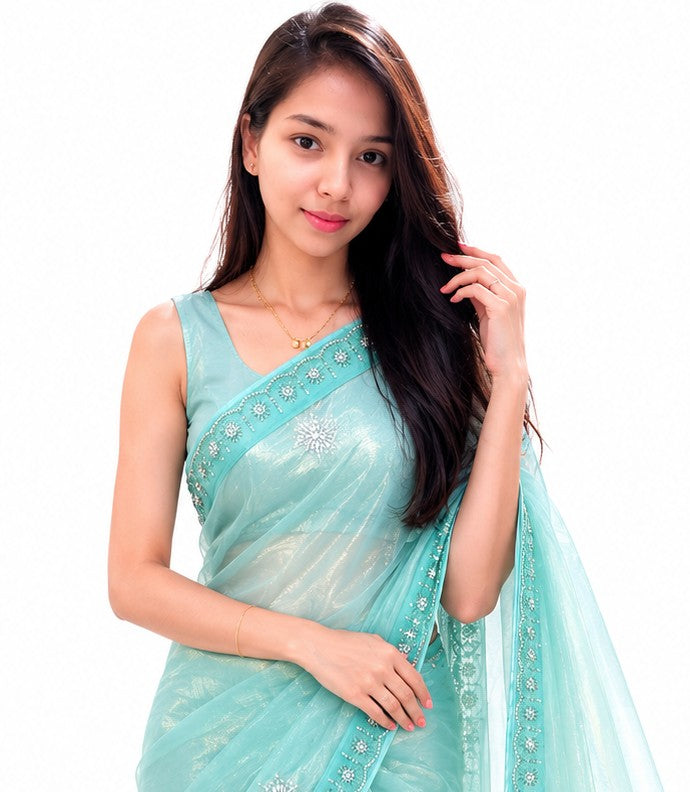 Sea Green Tissue Saree with Designer Stone Border
