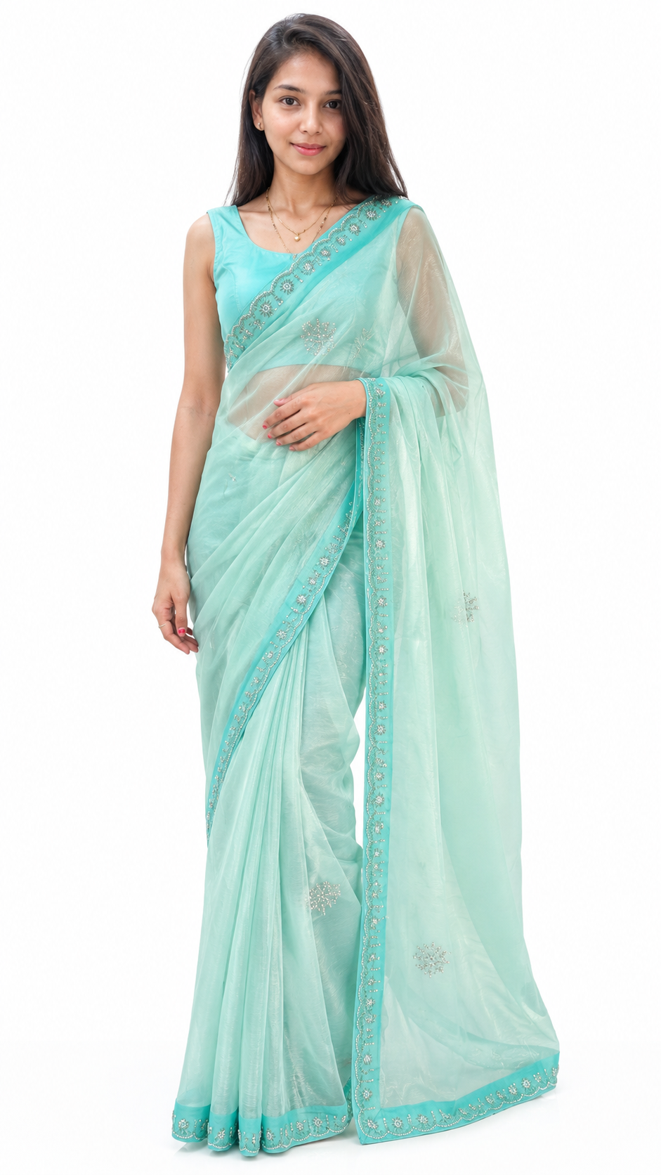 Sea Green Tissue Saree with Designer Stone Border