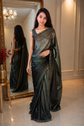 Metallic Olive Satin Saree with Handwork Border