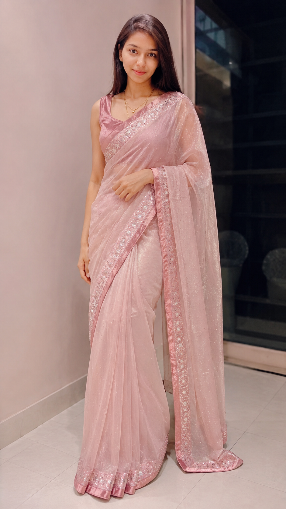 Pink Crystal Border Party Wear Saree